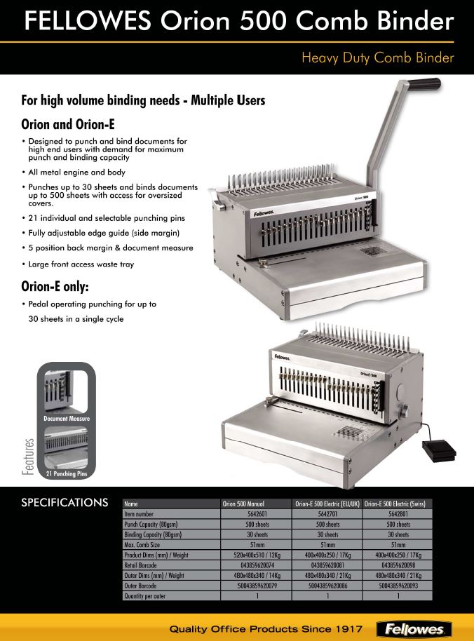 JAYAMART StationeryFellowes Comb Binder (manual) Orion 500RM1,985